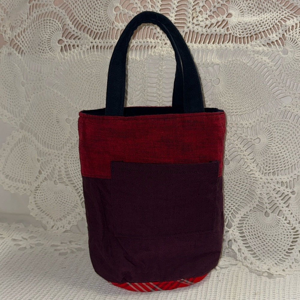 BOHO Fabric Reversible Mini Tote Bag Pockets Dual Handle Travel Folds Red Blue - Picture 7 of 14